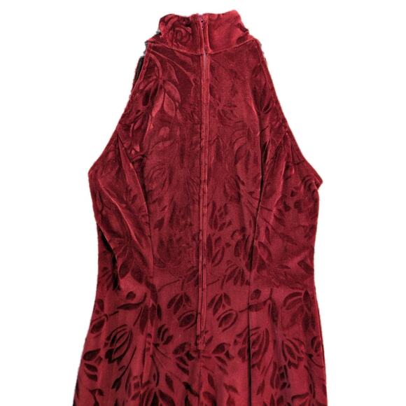 Howard Hartsfield Maxi Dress M Red Velvet Floral 90s Halter Mock Neck Slit - Picture 3 of 10
